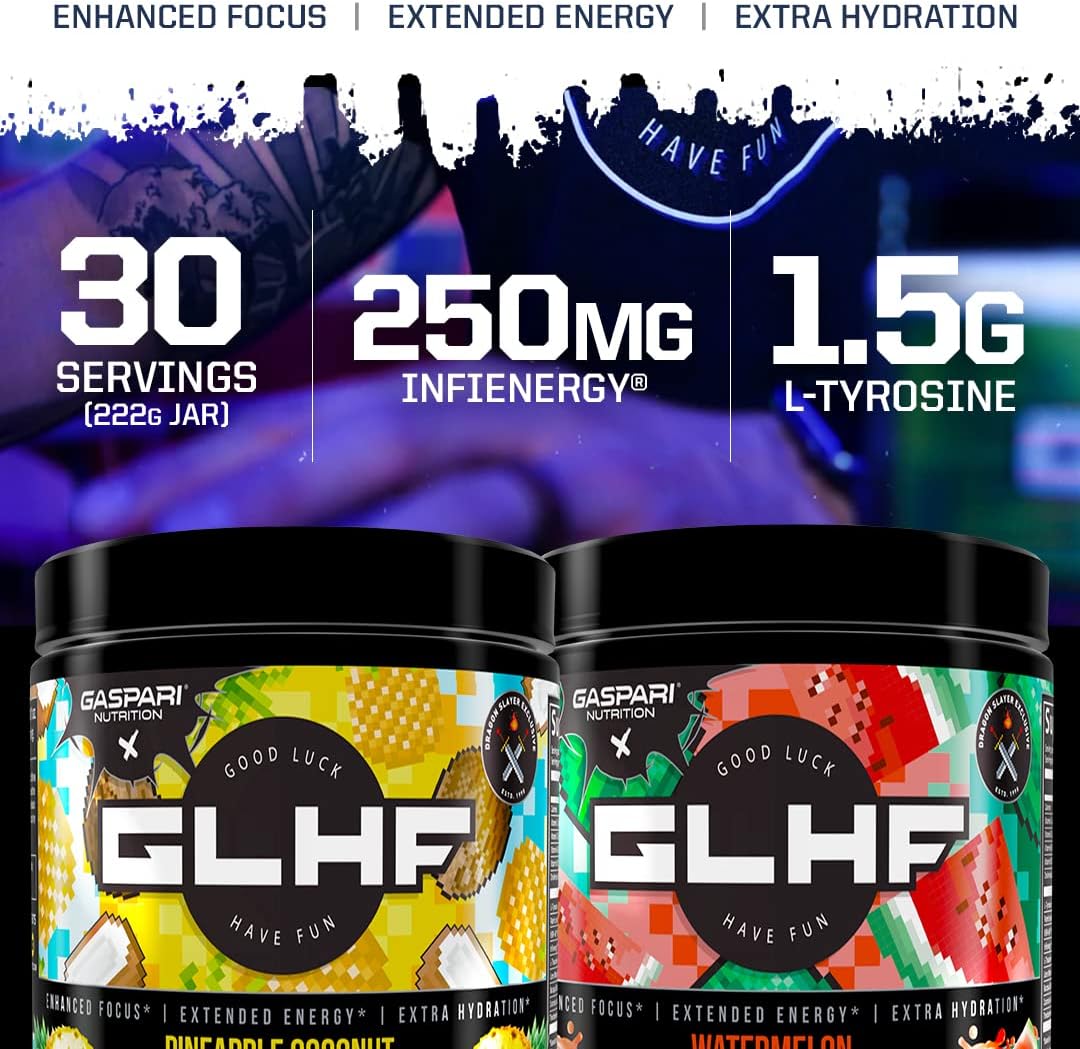Gaspari Nutrition GLHF Gaming Energy Drink - Boosted Focus, Increased Energy, Hydration Support - Watermelon Flavor - 30 Servings