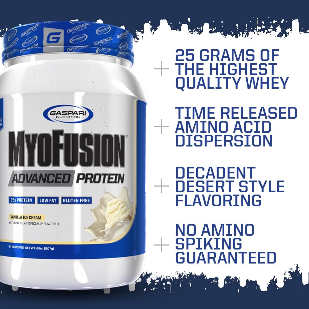 Gaspari Nutrition Myofusion Advanced Protein Powder - Whey, Casein, Isolate Blend - Low Fat, Gluten Free - 2lbs Vanilla Ice Cream Flavor
