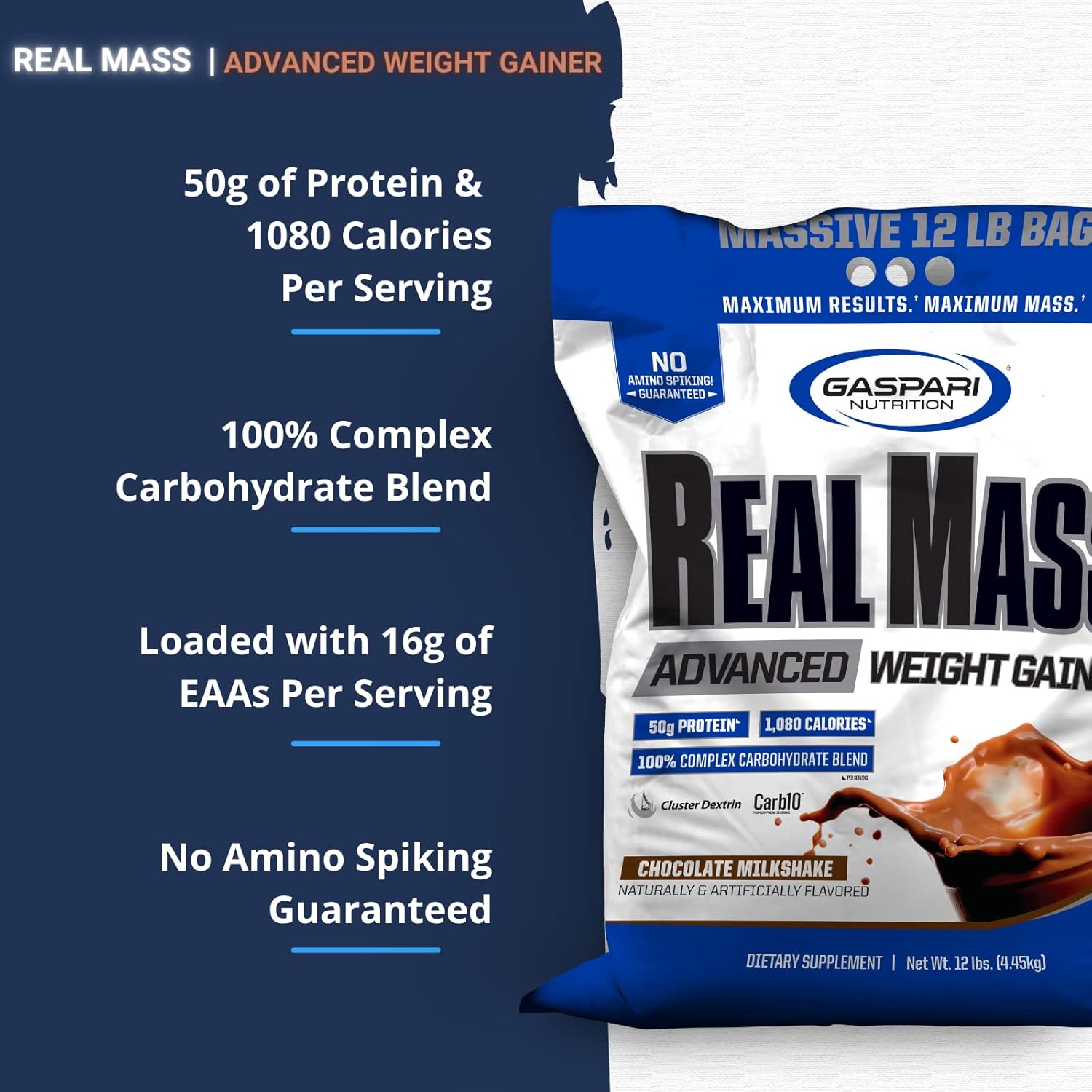 Gaspari Nutrition Real Mass 12lb Chocolate Ice Cream - High Protein Weight Gainer with Gycofuse Carbs & Creatine Monohydrate