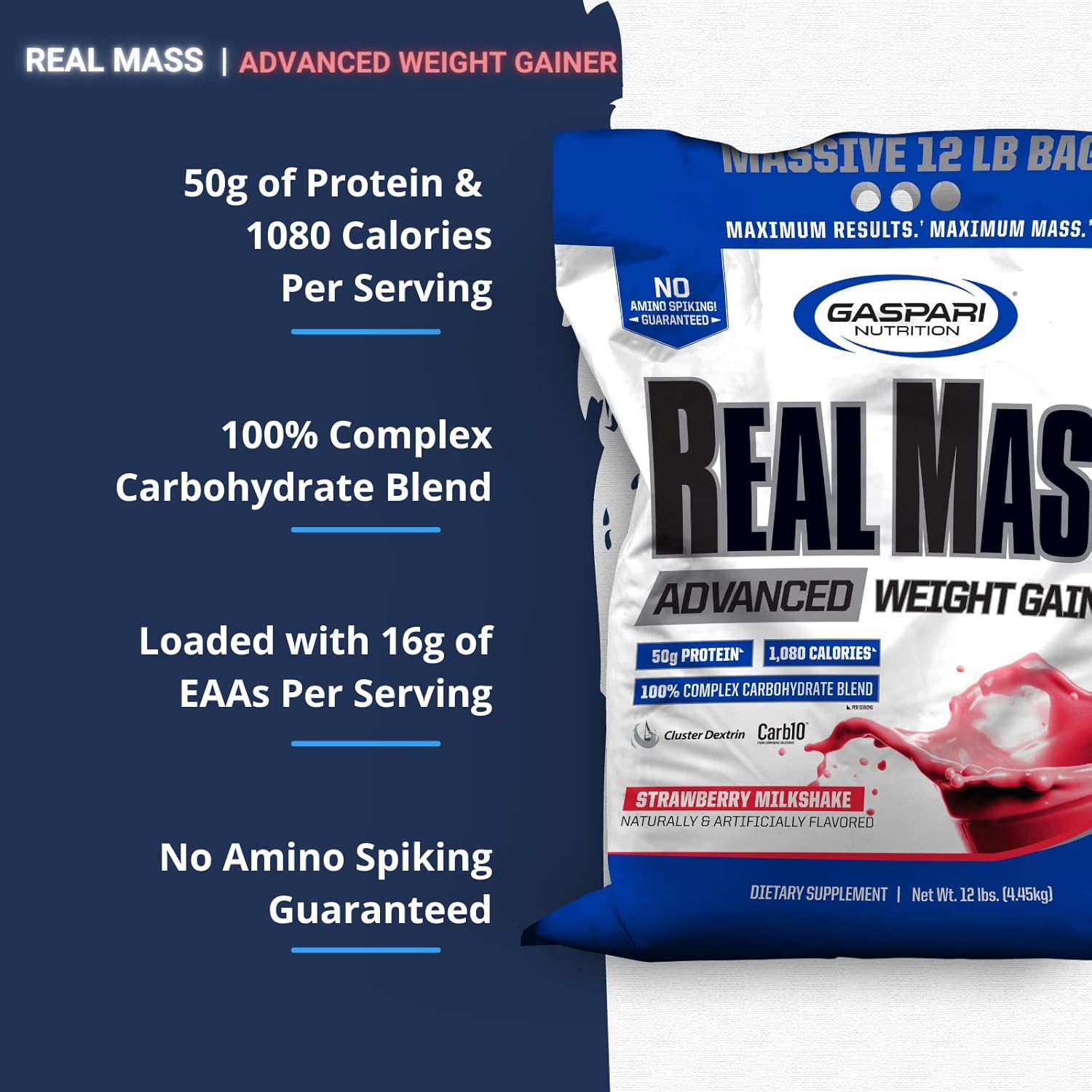 Gaspari Nutrition Real Mass Advanced Weight Gainer - Strawberry Milkshake Flavor - 12lb Jar