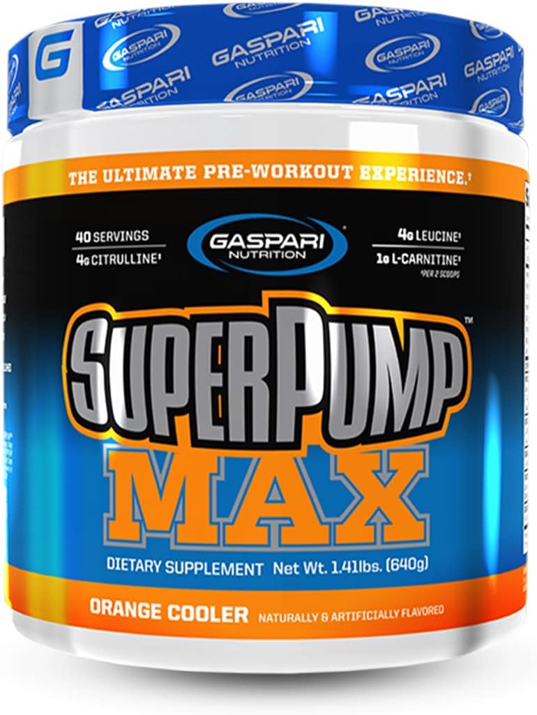 Gaspari Nutrition SuperPump MAX Pre Workout Powder, Nitric Oxide Booster for Muscle Growth & Recovery, Sustained Energy with Electrolytes (40 Servings, Orange Cooler)