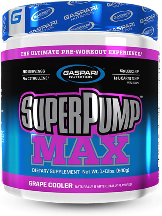 Gaspari Nutrition SuperPump MAX Pre Workout Powder - Nitric Oxide Booster for Muscle Growth & Recovery, Sustained Energy Preworkout with Electrolytes - Grape Cooler, 40 Servings