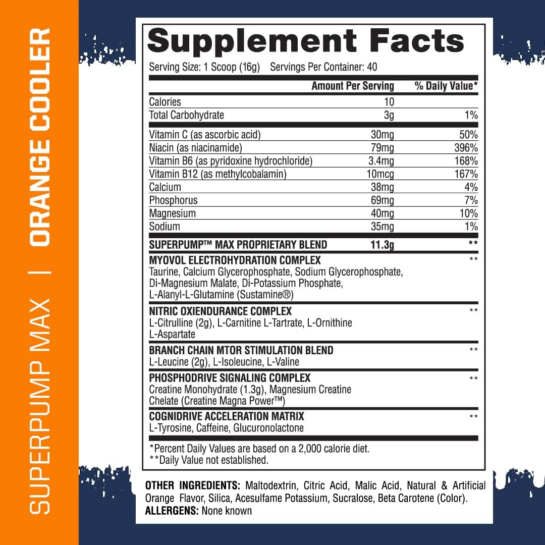 Gaspari Nutrition SuperPump MAX Pre Workout Powder, Nitric Oxide Booster for Muscle Growth & Recovery, Sustained Energy with Electrolytes (40 Servings, Orange Cooler)