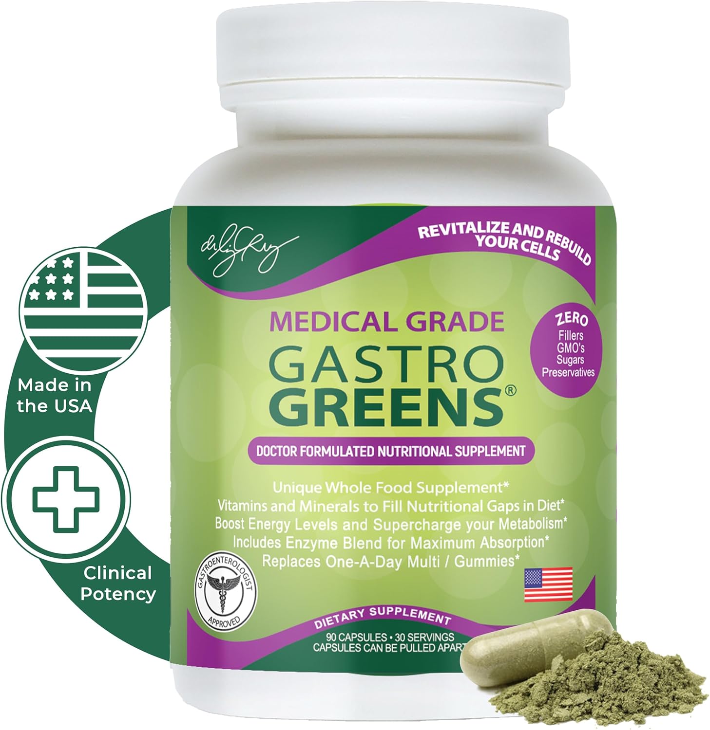 Gastro Greens Dietary Supplement - Whole Food Based, Non-GMO Capsules for Women, Men, and Children with Herbs