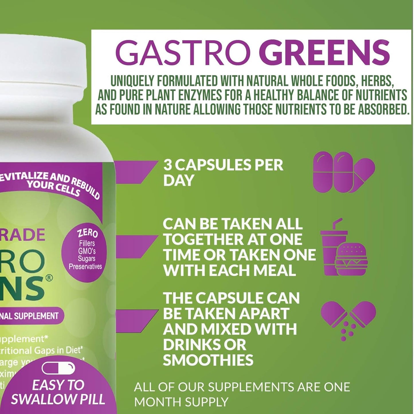 Gastro Greens Dietary Supplement - Whole Food Based, Non-GMO Capsules for Women, Men, and Children with Herbs
