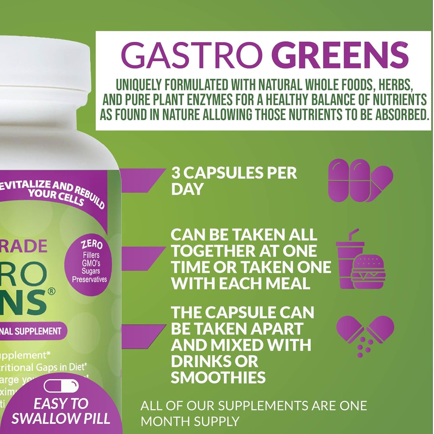 Gastro Greens Dietary Supplement - Whole Food Based, Non-GMO Capsules for Women, Men, and Children with Herbs