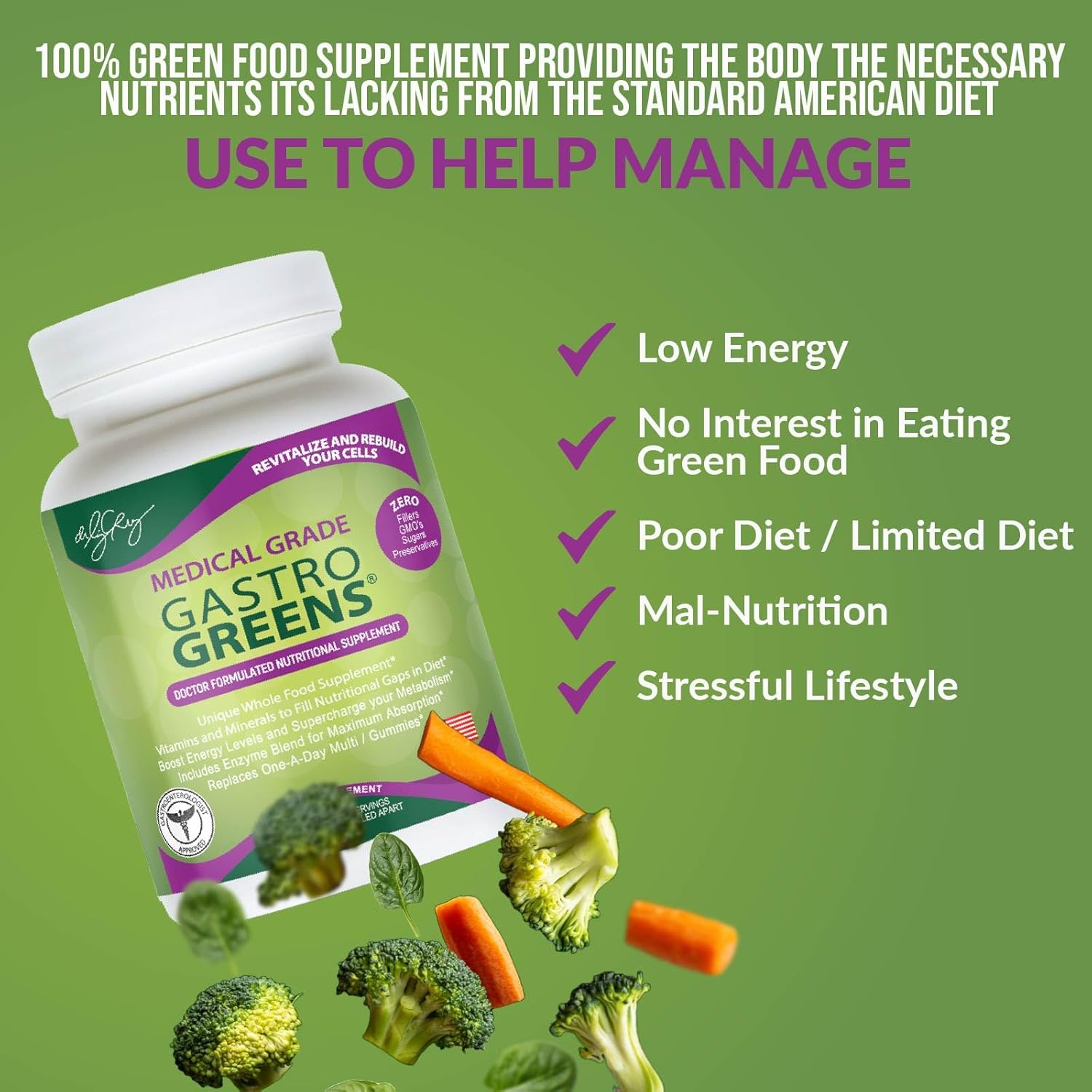 Gastro Greens Dietary Supplement - Whole Food Based, Non-GMO Capsules for Women, Men, and Children with Herbs