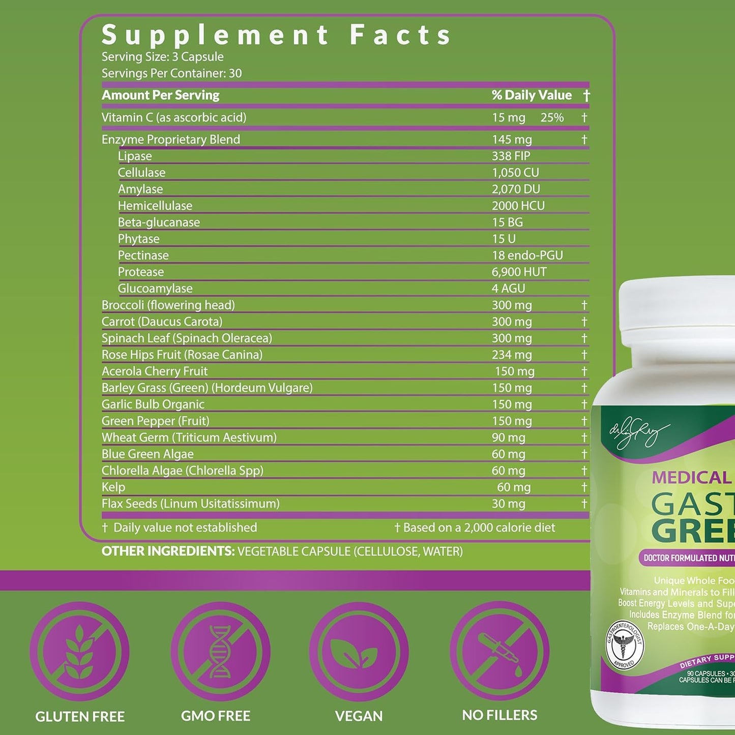 Gastro Greens Dietary Supplement - Whole Food Based, Non-GMO Capsules for Women, Men, and Children with Herbs