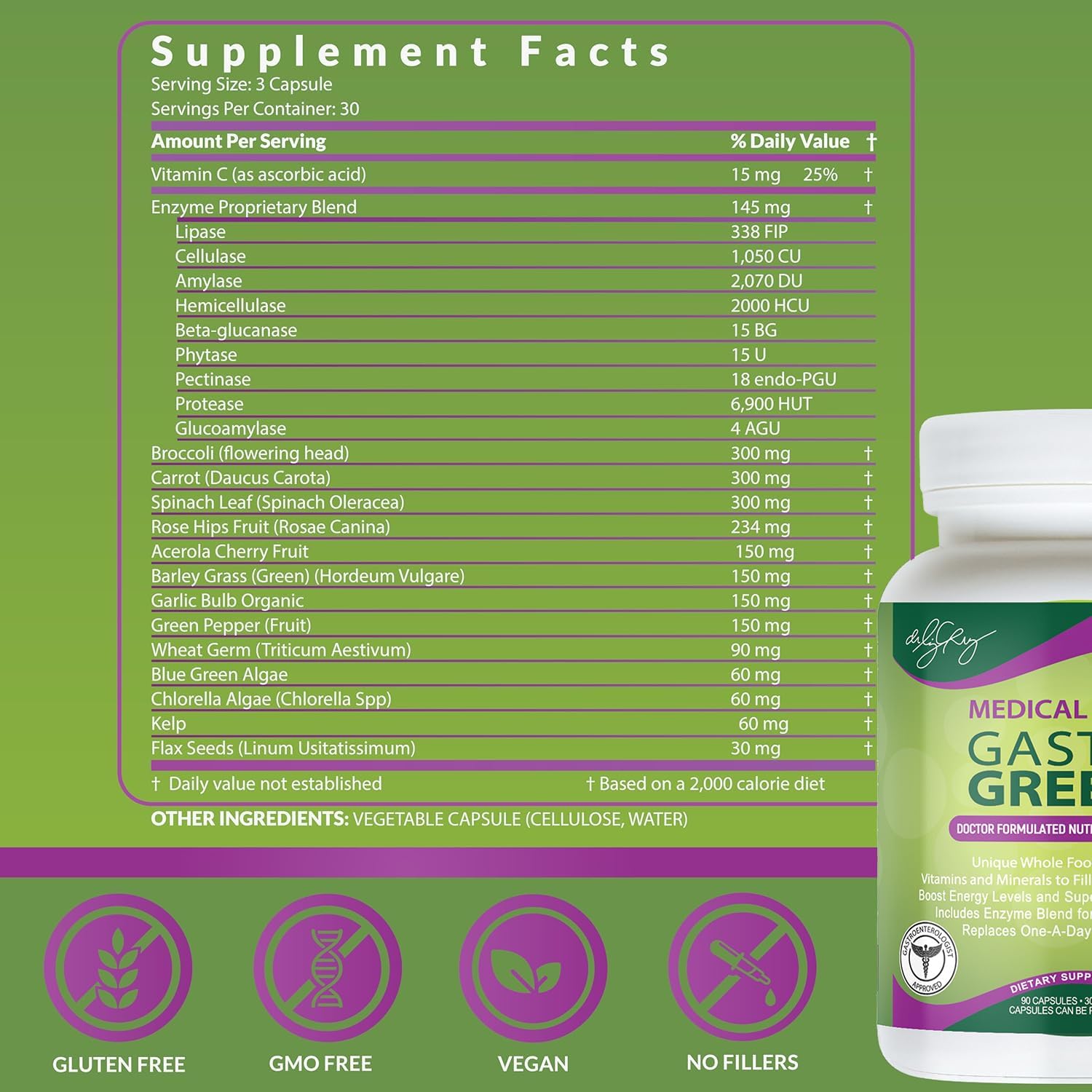 Gastro Greens Dietary Supplement - Whole Food Based, Non-GMO Capsules for Women, Men, and Children with Herbs