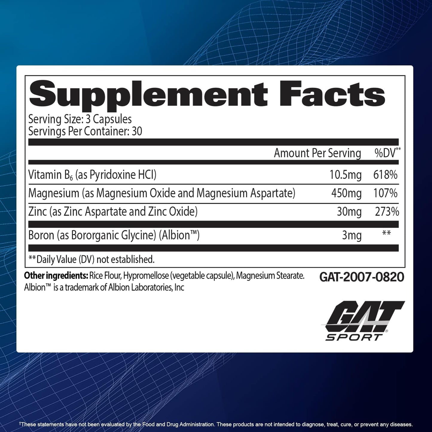 GAT Sport Essentials ZMAG-T: Zinc, Magnesium, Vitamin B6, and Boron Supplement - 90 Vegetarian Capsules