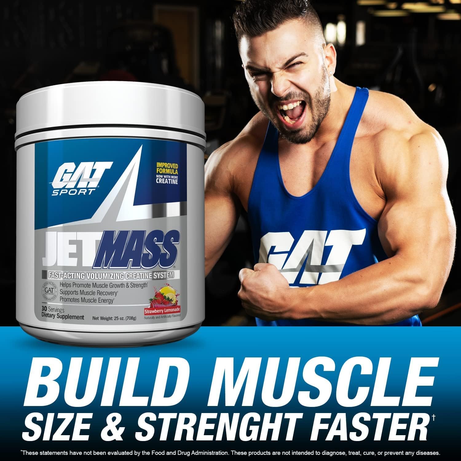 GAT SPORT JetMass Fast-Acting Creatine System, Strawberry Lemonade Flavor, 30 Servings