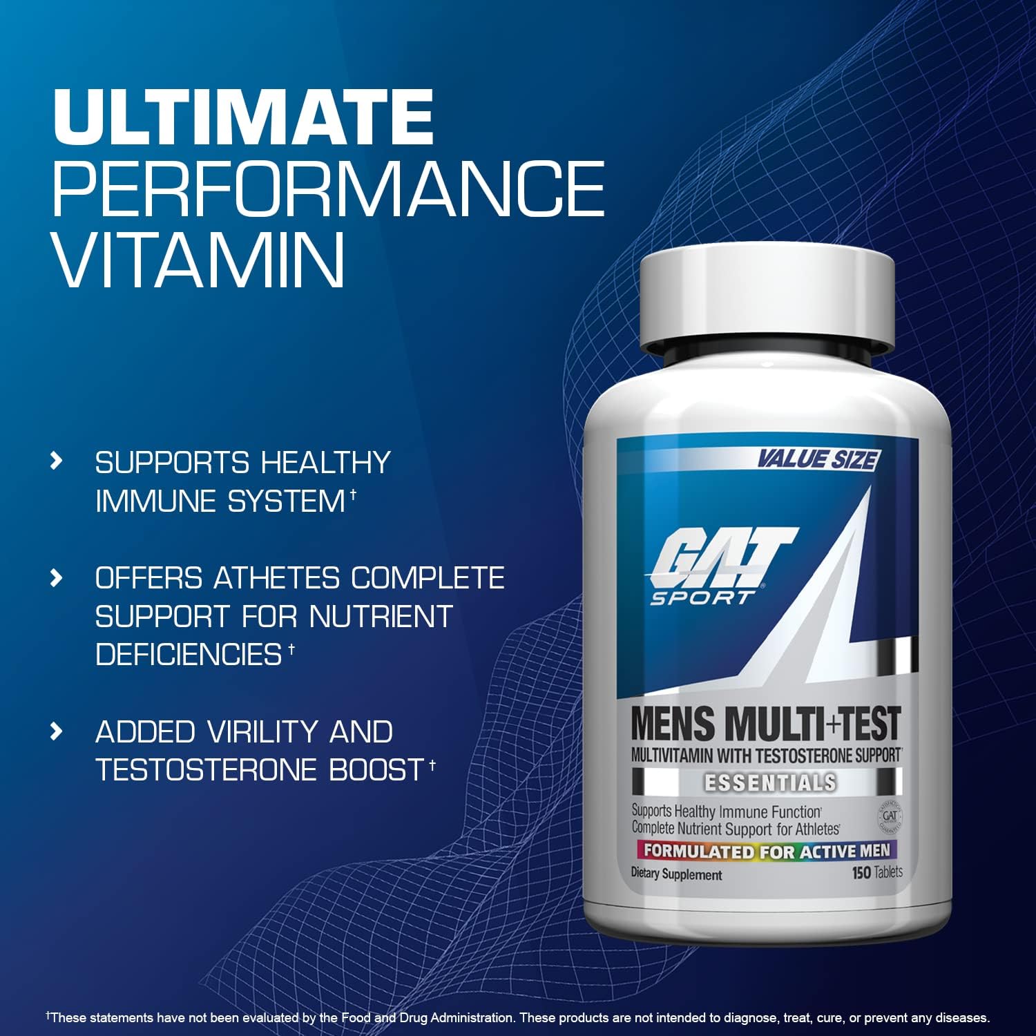 GAT SPORT Men's Multivitamin + Test Supplement, 150 Tablets