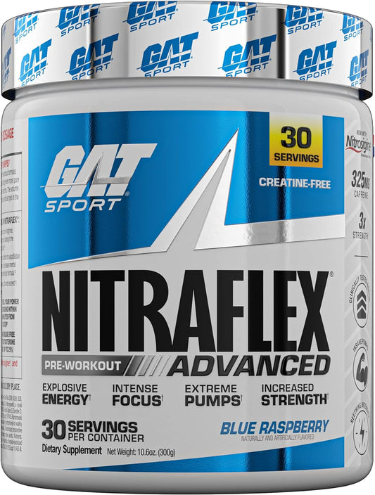 GAT SPORT Nitraflex Advanced Pre-Workout Powder - Blue Raspberry Flavor, Enhances Blood Flow and Energy, Boosts Strength and Exercise Performance - 30 Servings