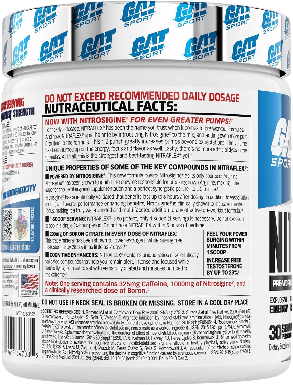 GAT SPORT Nitraflex Advanced Pre-Workout Powder - Blue Raspberry Flavor, Enhances Blood Flow and Energy, Boosts Strength and Exercise Performance - 30 Servings