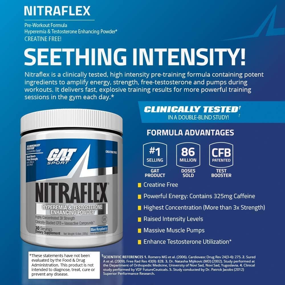 GAT SPORT Nitraflex Advanced Pre-Workout Powder - Blue Raspberry Flavor, Enhances Blood Flow and Energy, Boosts Strength and Exercise Performance - 30 Servings