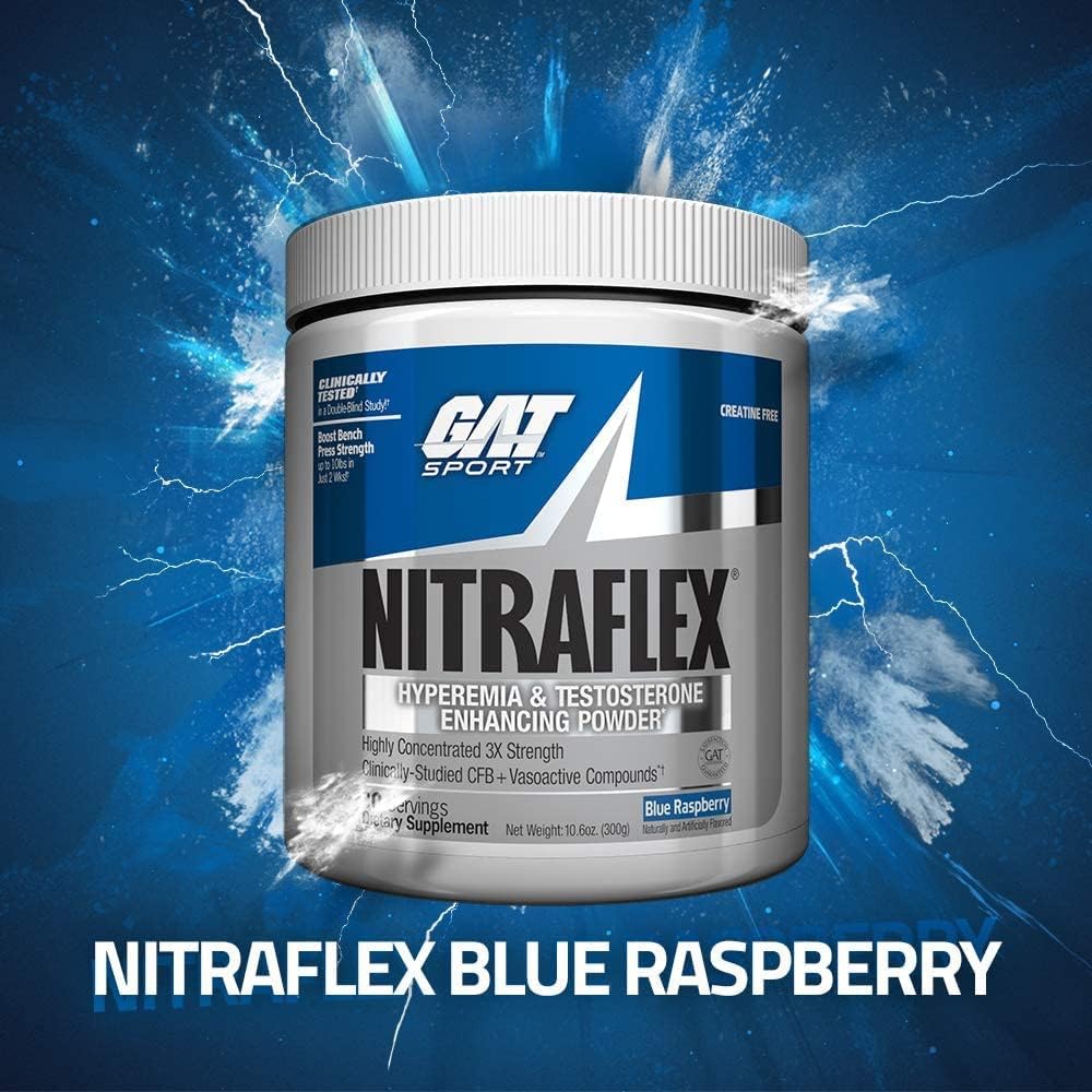 GAT SPORT Nitraflex Advanced Pre-Workout Powder - Blue Raspberry Flavor, Enhances Blood Flow and Energy, Boosts Strength and Exercise Performance - 30 Servings