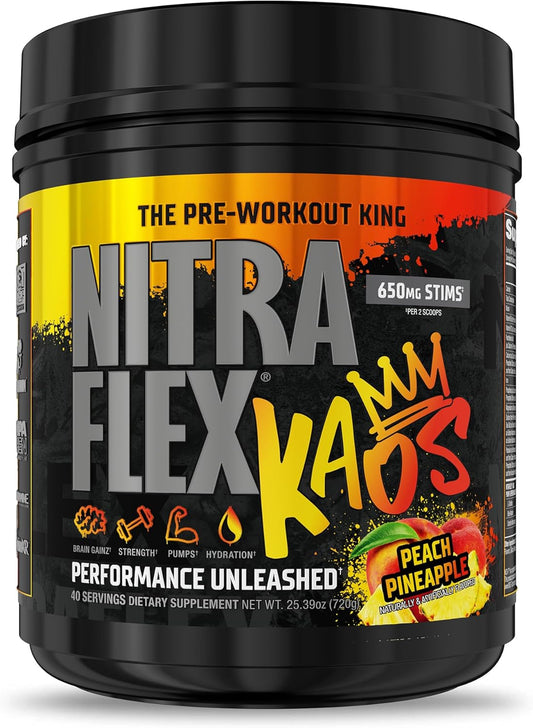 GAT SPORT Nitraflex KAOS Pre-Workout Powder in Peach Pineapple Flavor - Boost Your Workout Performance with this Powerful Supplement