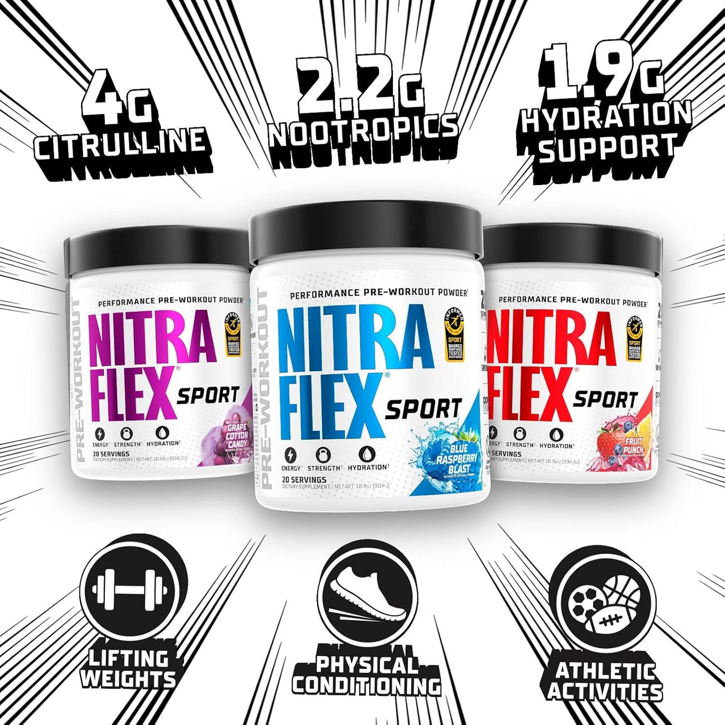GAT SPORT Nitraflex Sport Fruit Punch Pre-Workout Powder - Banned Substance Tested, Informed Choice Certified - 20 Servings