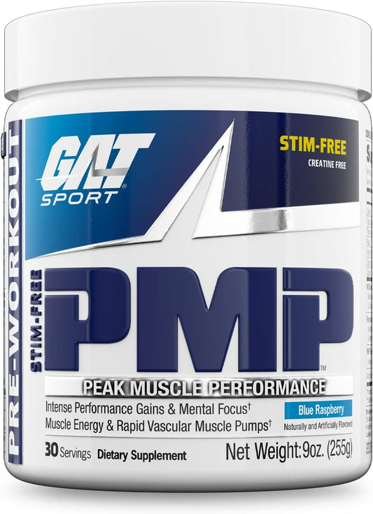 GAT SPORT PMP Pre-Workout Supplement, Blue Raspberry Flavor, 30 Servings - Stimulant-Free Formula for Peak Muscle Performance