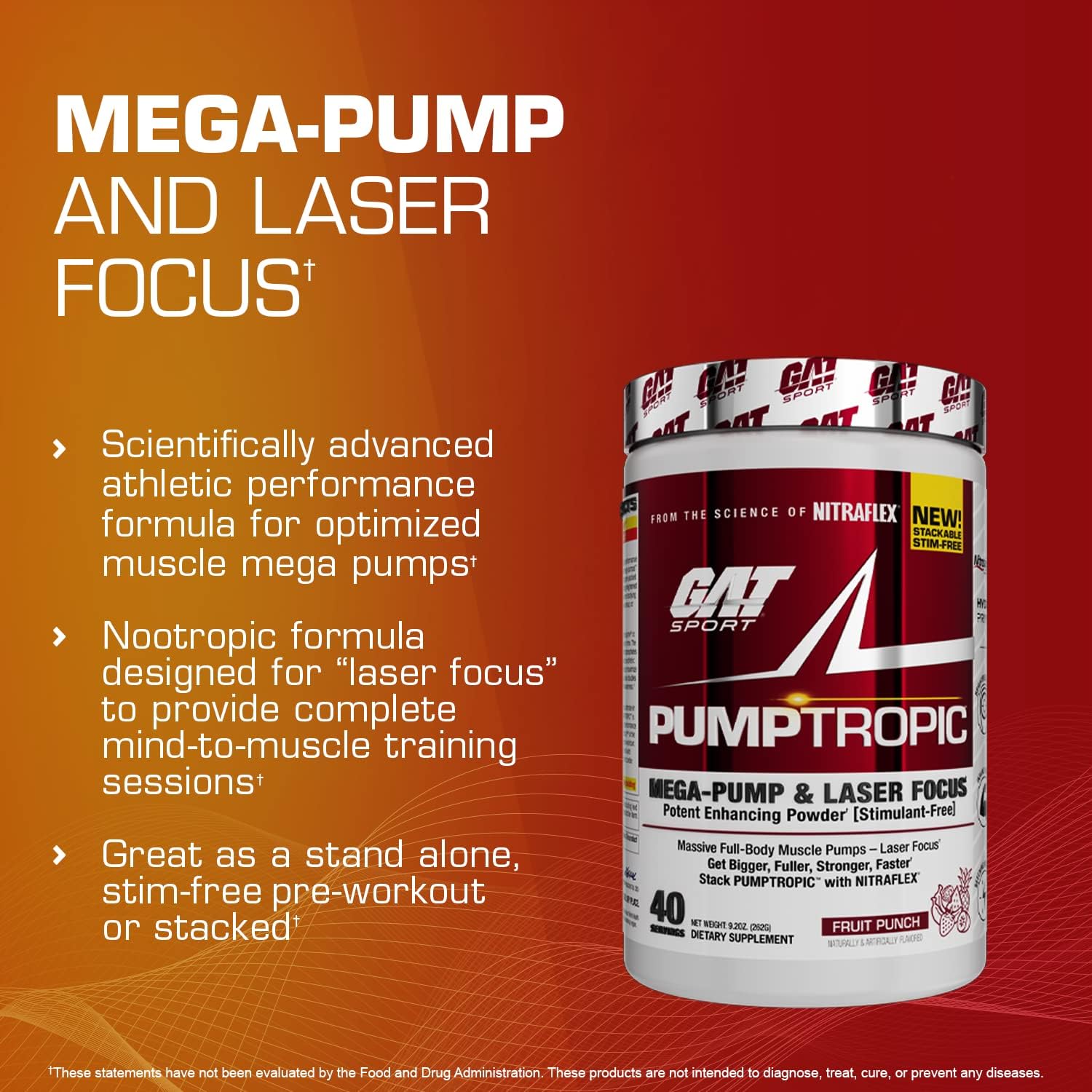 GAT Sport Pumptropic Mega-Pump & Laser Focus Powder, 40 Servings - Strawberry Mango Flavor