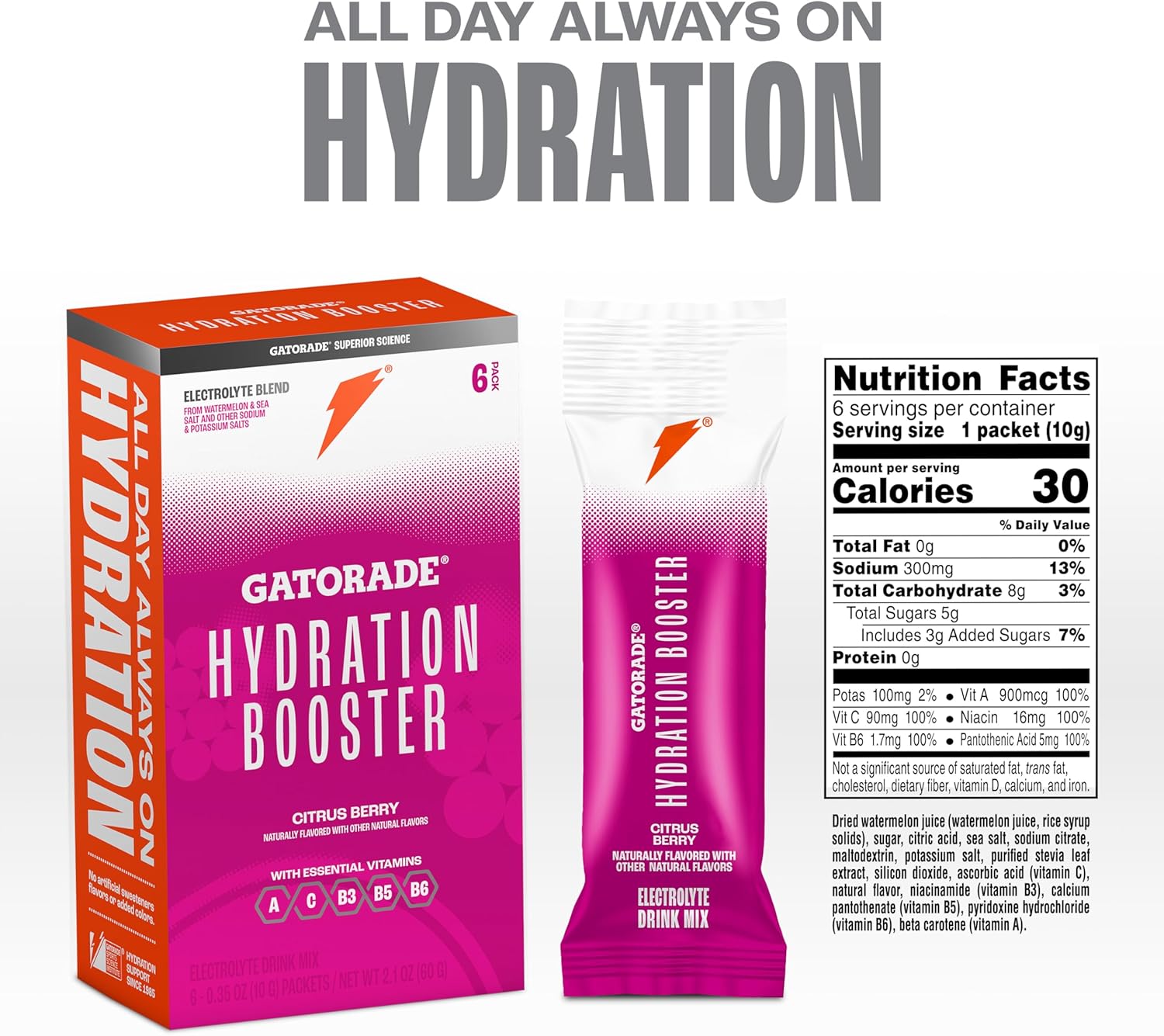 Gatorade Citrus Berry Hydration Booster, 20 Fl Oz, Pack of 6 - Electrolyte Drink for Hydration & Energy Boost