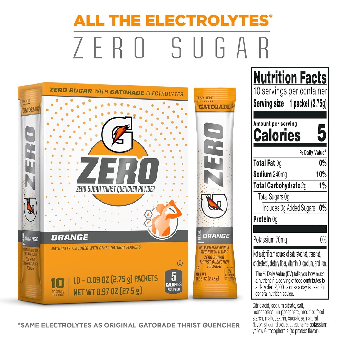 Gatorade G Zero Orange Powder Packets - 120 Count (0.10oz) Pack of 12