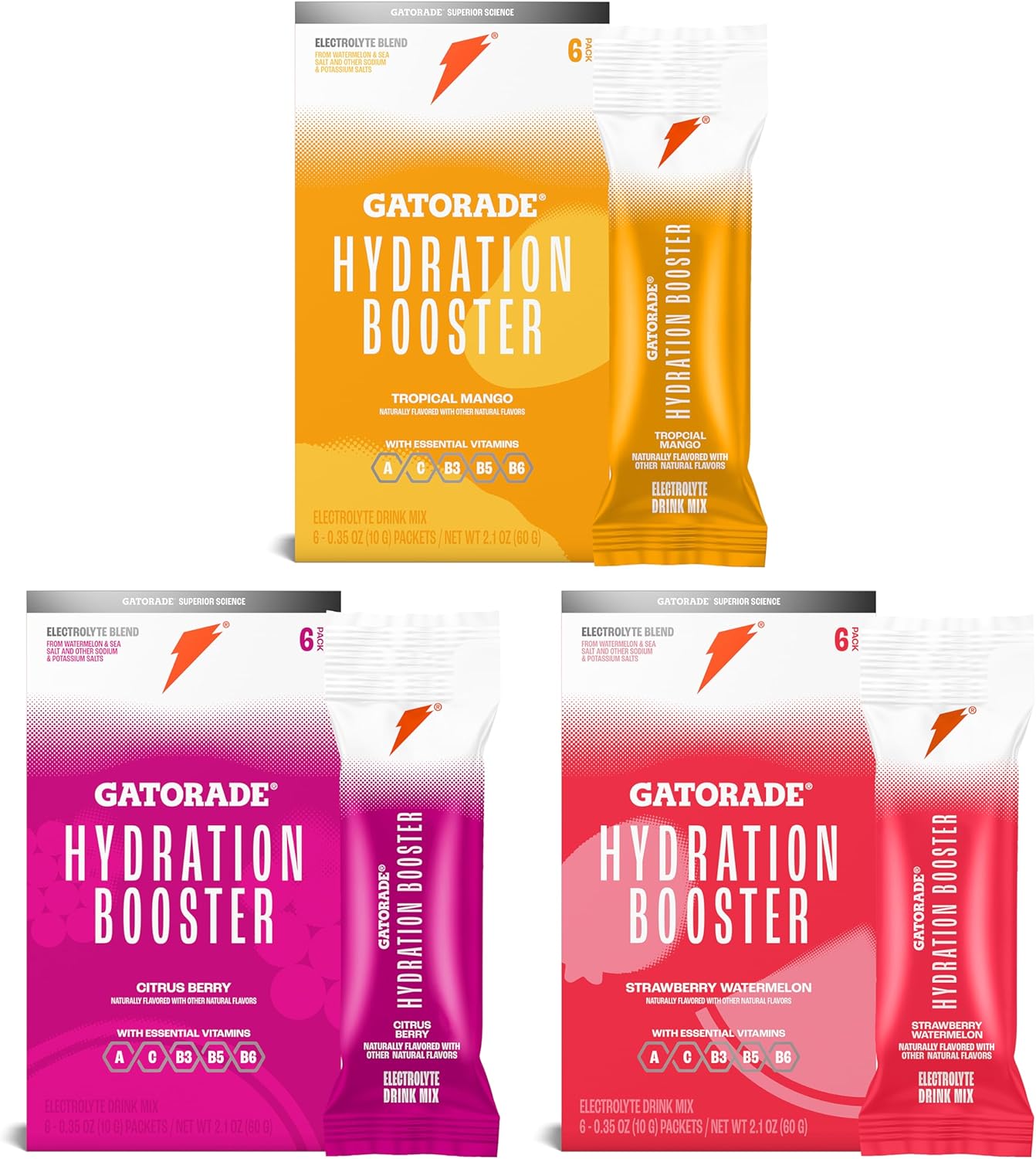 Gatorade Hydration Booster Bundle - Strawberry Watermelon, Tropical Mango, Citrus Berry