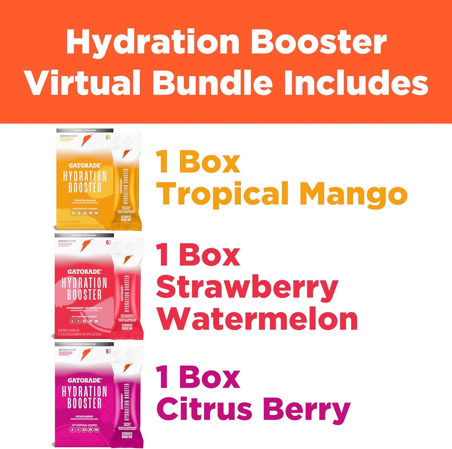 Gatorade Hydration Booster Bundle - Strawberry Watermelon, Tropical Mango, Citrus Berry