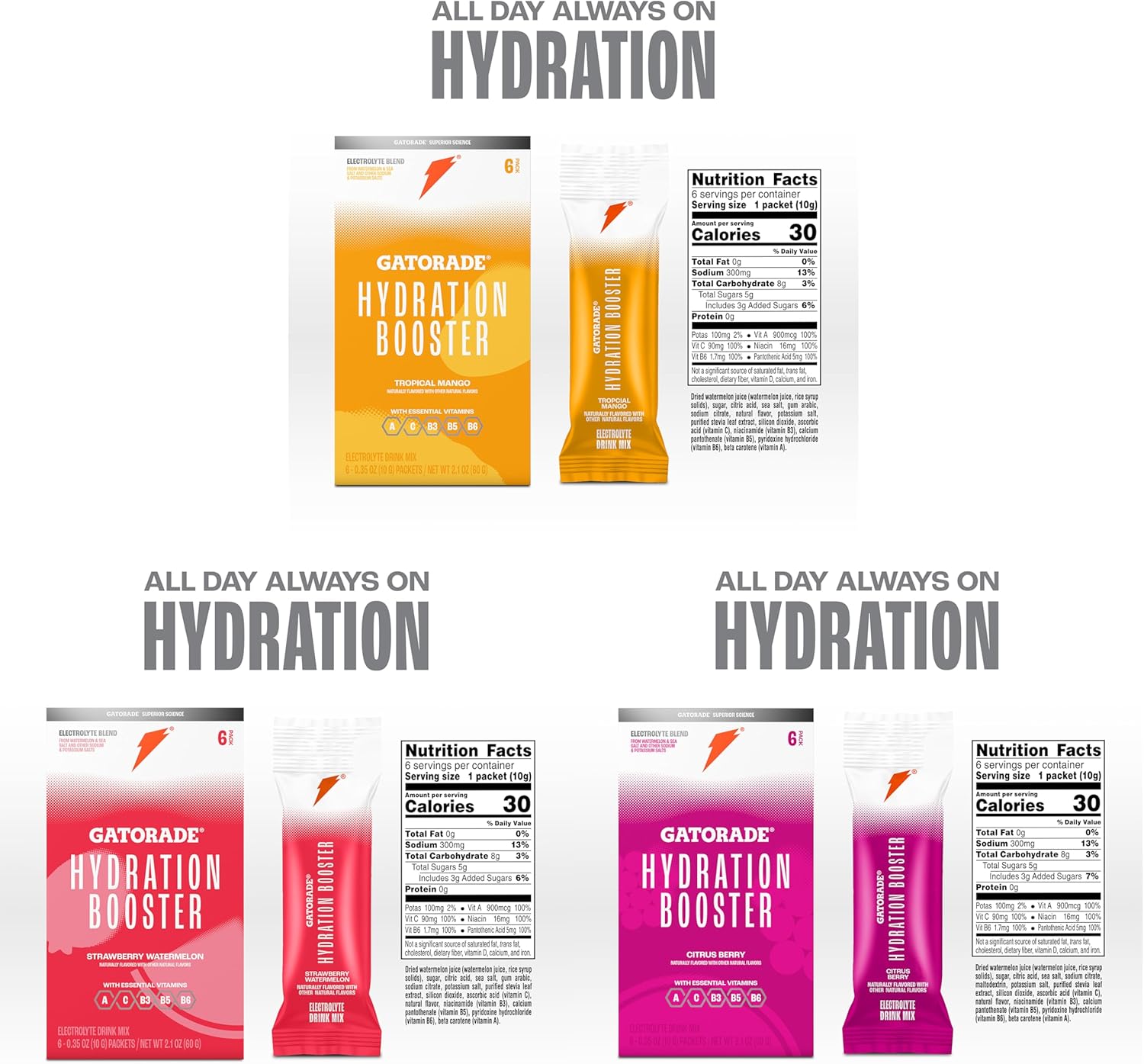 Gatorade Hydration Booster Bundle - Strawberry Watermelon, Tropical Mango, Citrus Berry
