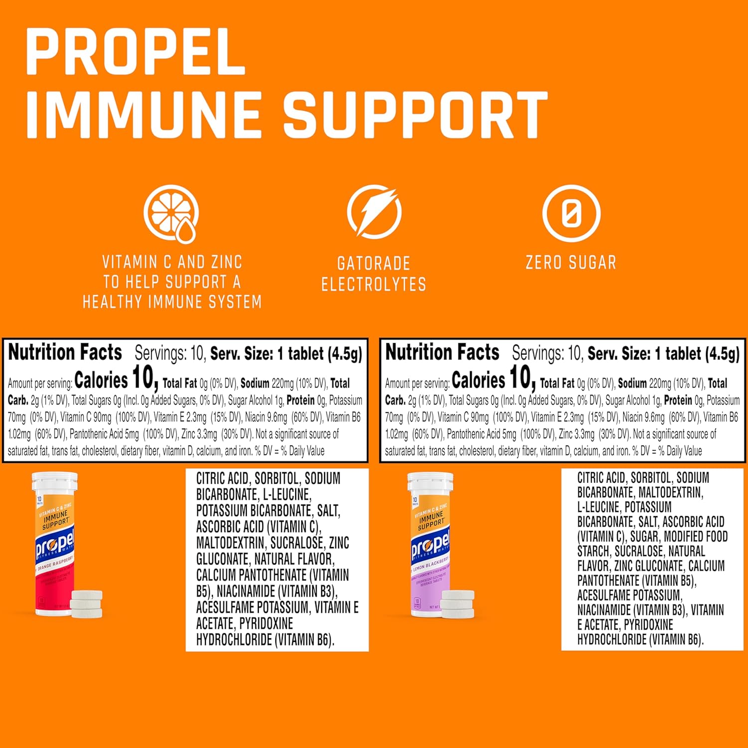 Gatorade Immune Support Tablets with Vitamin C and Zinc, Electrolytes, Zero Sugar, 4 Packs of 10 Count Variety Pack - 16.9 Fl Oz Each