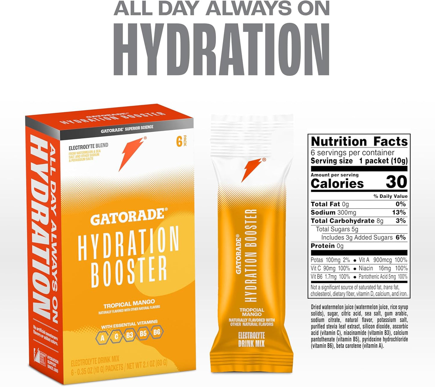 Gatorade Tropical Mango Hydration Booster, 20 Fl Oz, Pack of 6