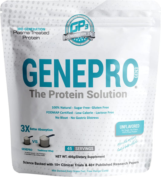 GENEPRO GEN. 3 Unflavored Protein Powder - New Formula - Whey Isolate Supplement Shake - Lactose-Free, Gluten-Free, Non-GMO - 45 Servings
