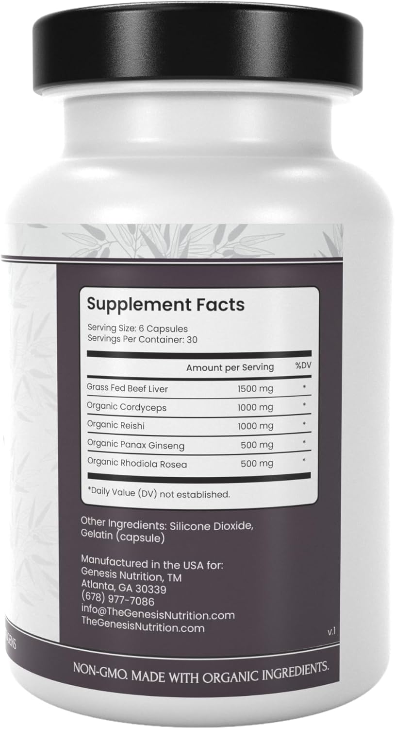 Genesis Nutrition Grass Fed Beef Liver with Reishi & Cordyceps Mushroom, Ginseng, Rhodiola - 4500mg Energy, Immune Support, Stress Relief - Total Wellness