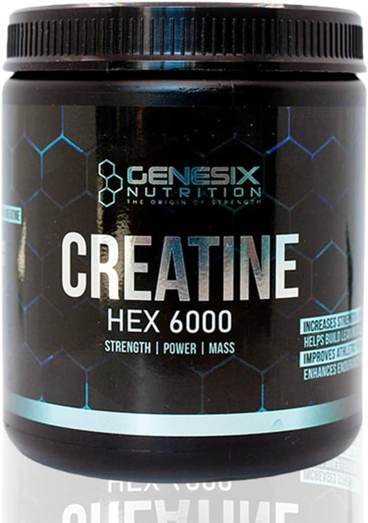 GENESIX NUTRITION HEX 6000 Creatine Monohydrate Supplement for Strength & Muscle Gains with Increased Energy - 60 Servings