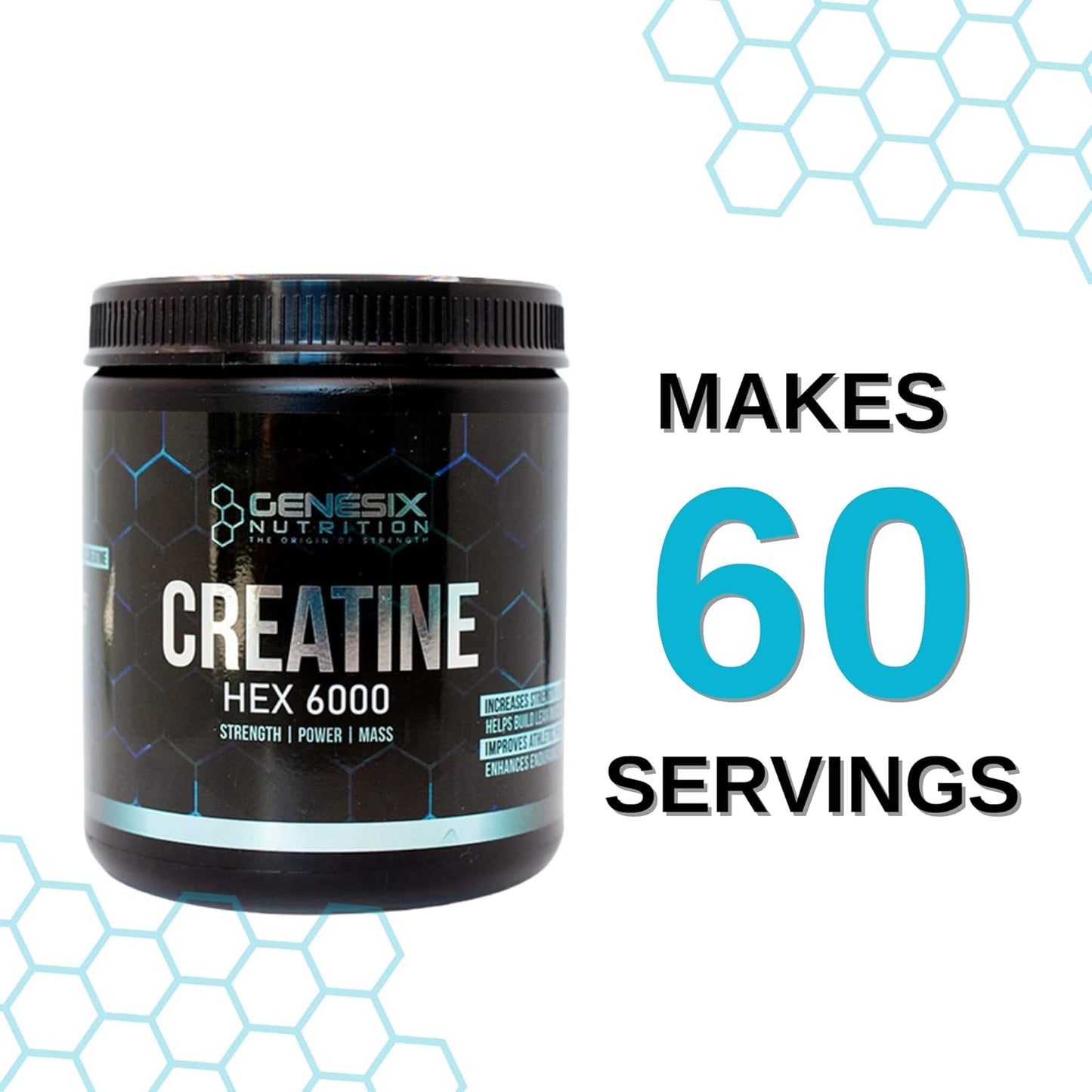 GENESIX NUTRITION HEX 6000 Creatine Monohydrate Supplement for Strength & Muscle Gains with Increased Energy - 60 Servings