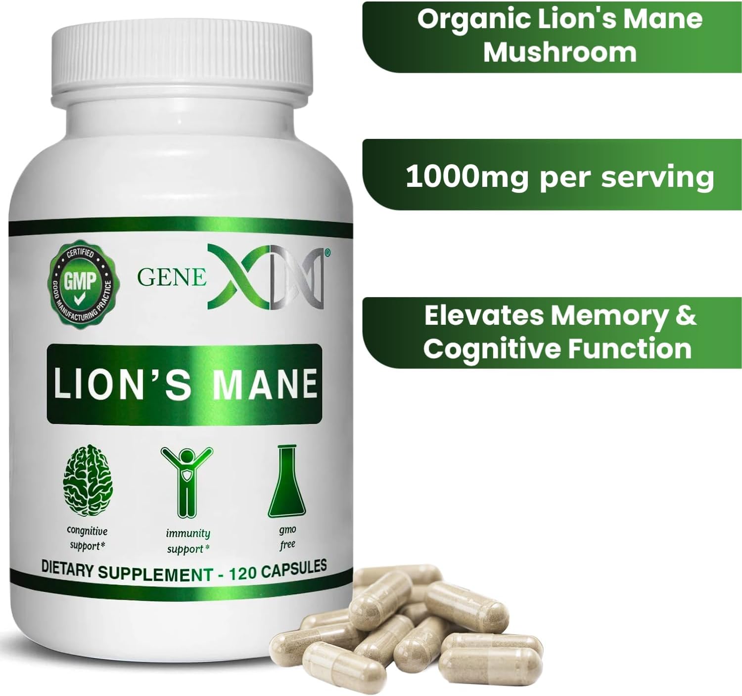 Genex Formulas Lions Mane Supplement 1000mg for Brain Boost - 3 Pack of 100% Extract Capsules for Focus, Mental Clarity, Natural Energy - Nootropic Brain Support Formula (360 Caps)