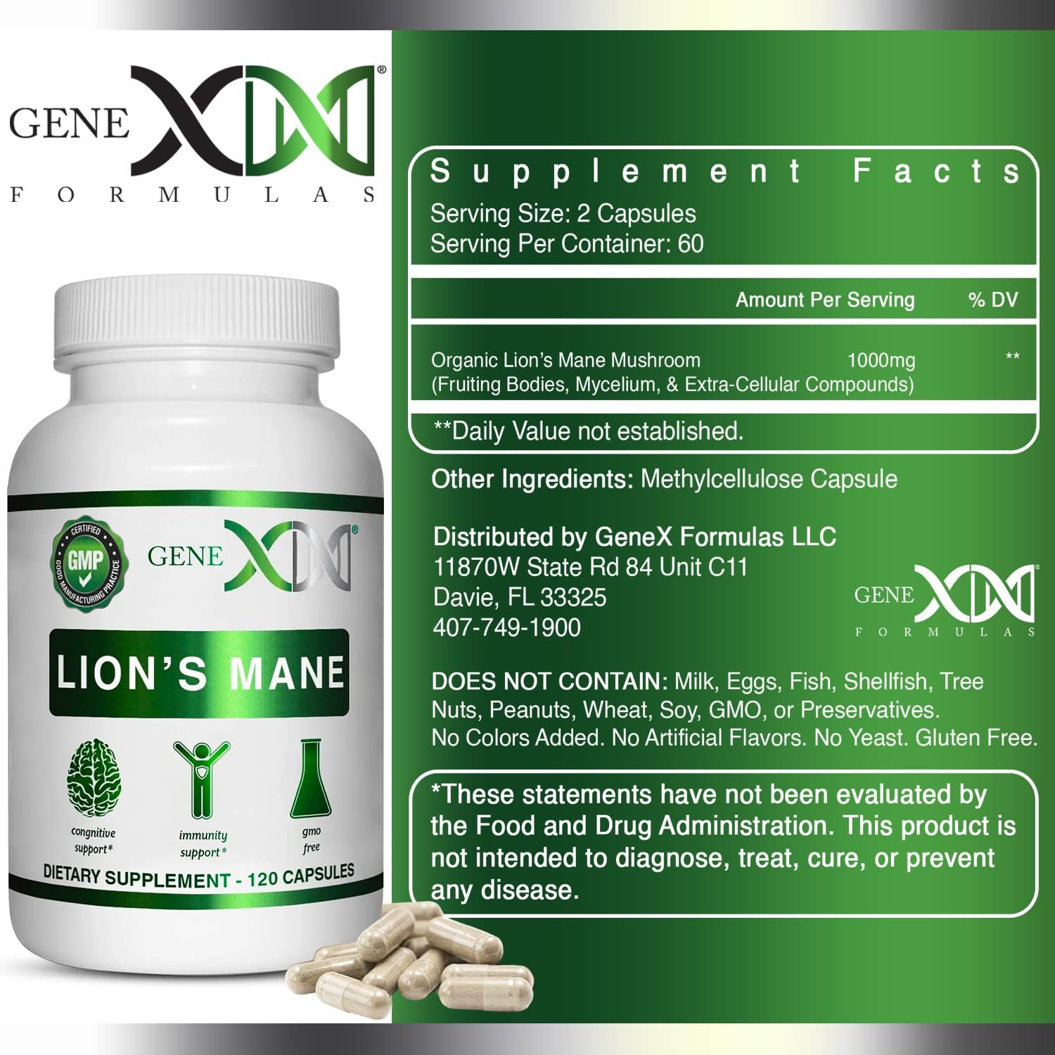 Genex Formulas Lions Mane Supplement 1000mg for Brain Boost - 3 Pack of 100% Extract Capsules for Focus, Mental Clarity, Natural Energy - Nootropic Brain Support Formula (360 Caps)