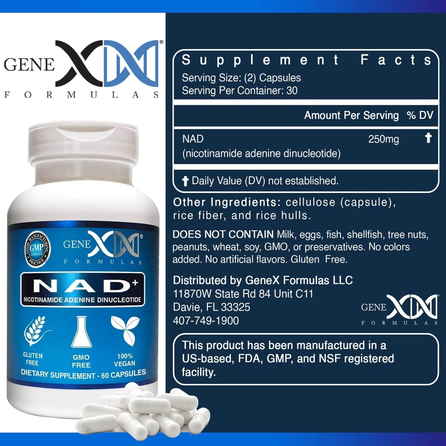 Genex Formulas NAD+ 250mg Capsules - 60 Servings, Pure Nicotinamide Adenine Dinucleotide supplement
