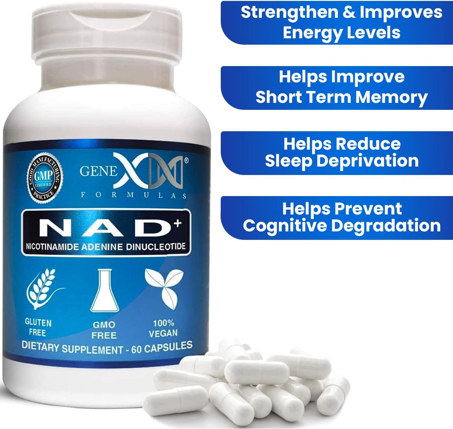 Genex Formulas NAD+ 250mg Capsules - 60 Servings, Pure Nicotinamide Adenine Dinucleotide supplement