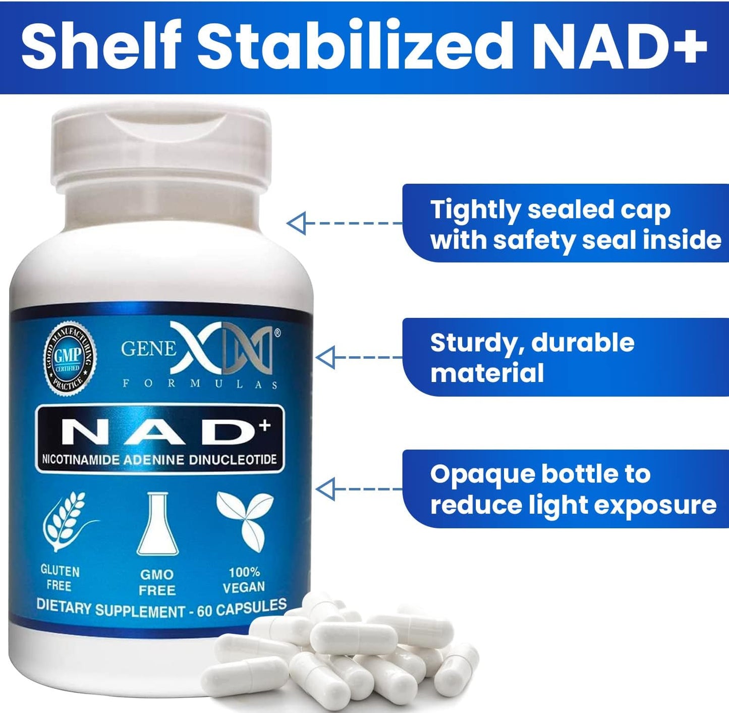 Genex Formulas NAD+ 250mg Capsules - 60 Servings, Pure Nicotinamide Adenine Dinucleotide supplement
