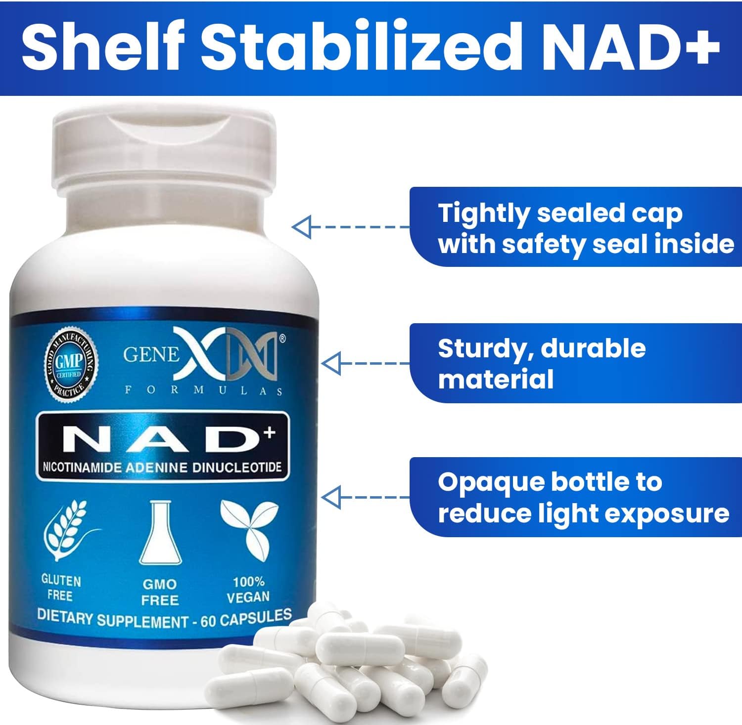 Genex Formulas NAD+ 250mg Capsules - 60 Servings, Pure Nicotinamide Adenine Dinucleotide supplement