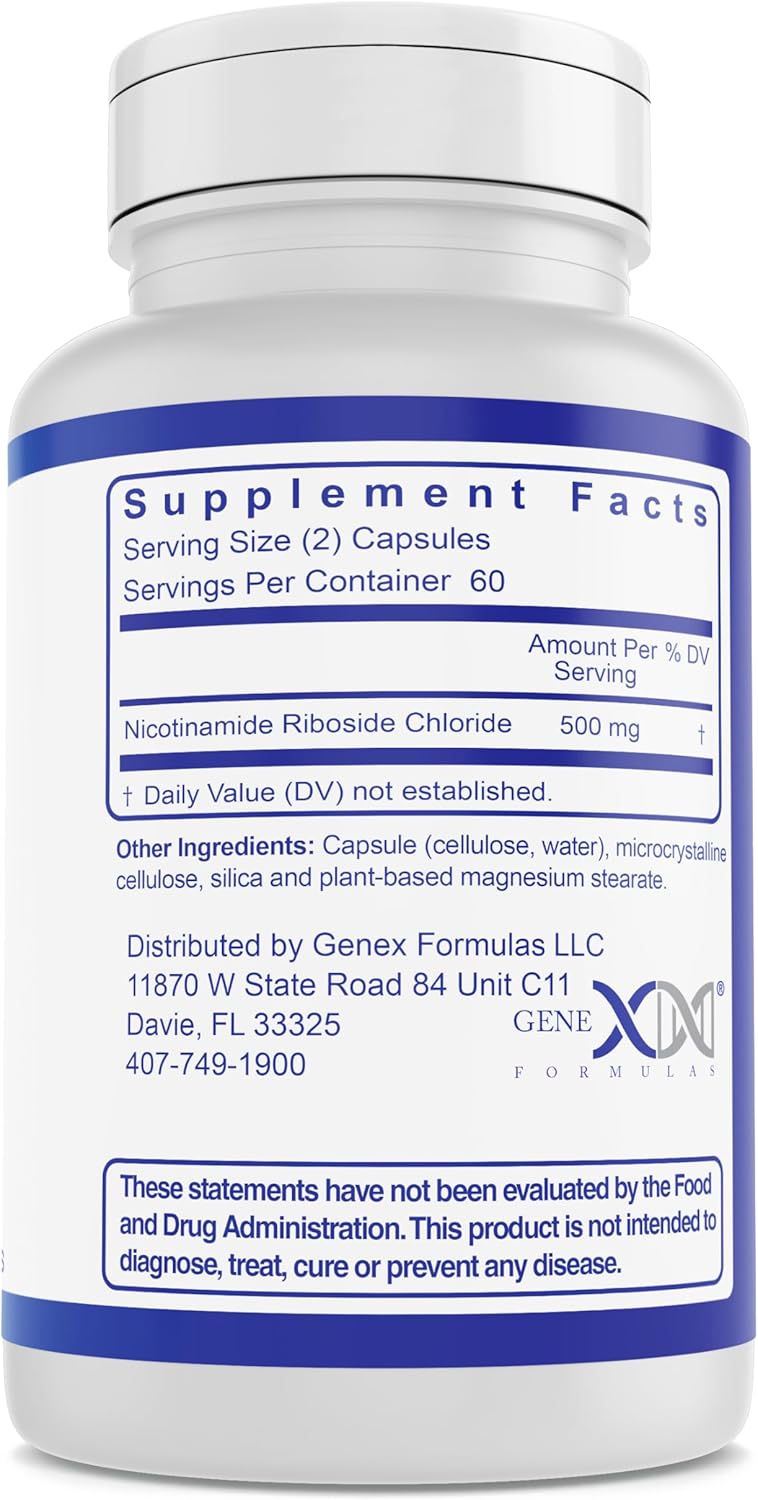 Genex Formulas NR Nicotinamide Riboside 500mg/Serving (120 Capsules) - NAD+ Precursor Supplement for Anti-Aging - GMP-Certified, Non-GMO, Gluten-Free, Vegetarian - 1 Pack