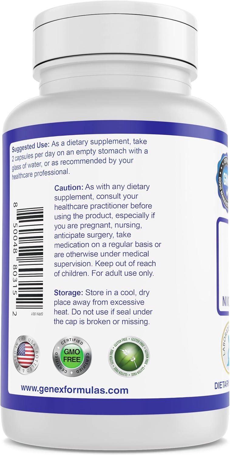 Genex Formulas NR Nicotinamide Riboside 500mg/Serving (120 Capsules) - NAD+ Precursor Supplement for Anti-Aging - GMP-Certified, Non-GMO, Gluten-Free, Vegetarian - 1 Pack