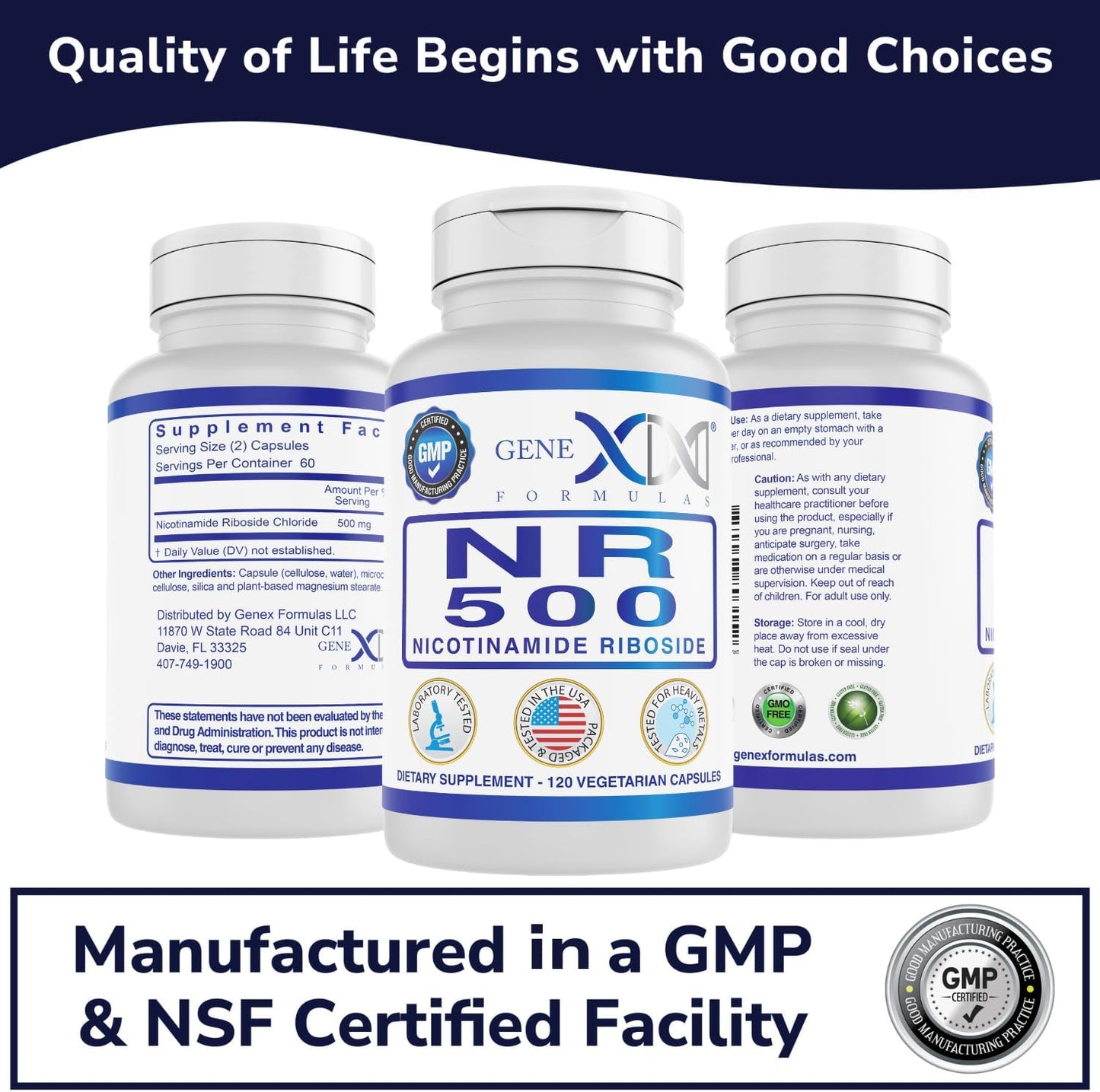 Genex Formulas NR Nicotinamide Riboside 500mg/Serving (120 Capsules) - NAD+ Precursor Supplement for Anti-Aging - GMP-Certified, Non-GMO, Gluten-Free, Vegetarian - 1 Pack