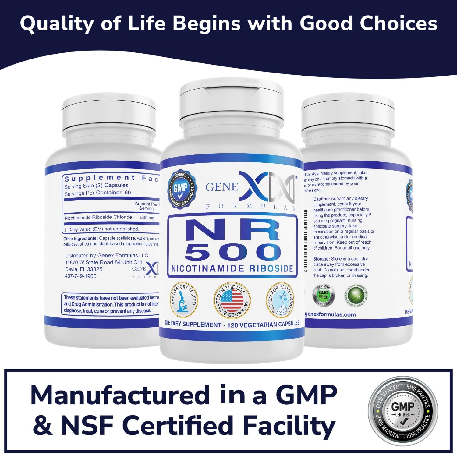 Genex Formulas NR Nicotinamide Riboside 500mg/Serving (120 Capsules) - NAD+ Precursor Supplement for Anti-Aging - GMP-Certified, Non-GMO, Gluten-Free, Vegetarian - 1 Pack