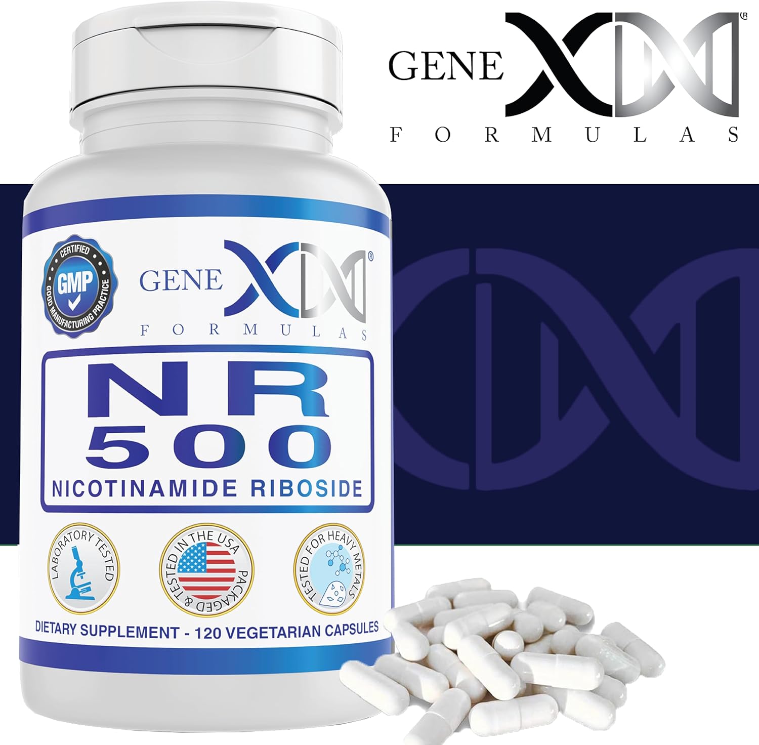 Genex Formulas NR Nicotinamide Riboside 500mg/Serving (120 Capsules) - NAD+ Precursor Supplement for Anti-Aging - GMP-Certified, Non-GMO, Gluten-Free, Vegetarian - 1 Pack