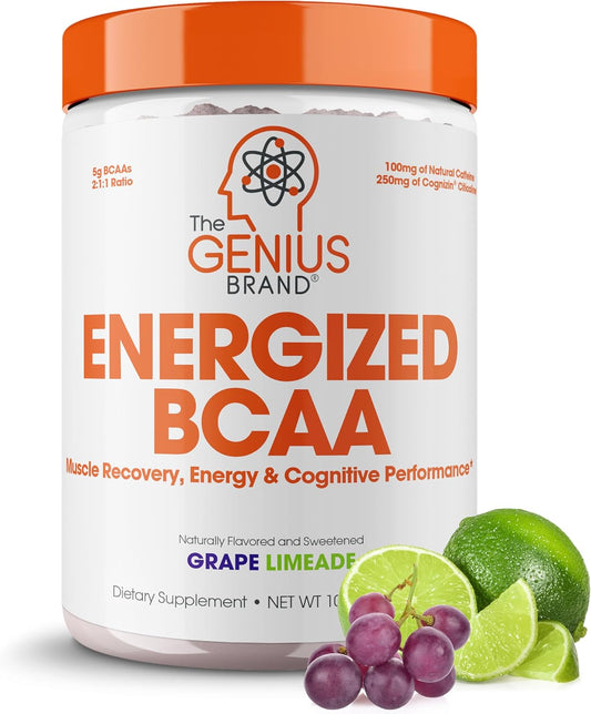 Genius BCAA Energy Powder in Grape Limeade - Natural Vegan Workout Supplement for Enhanced Muscle Recovery and Focus