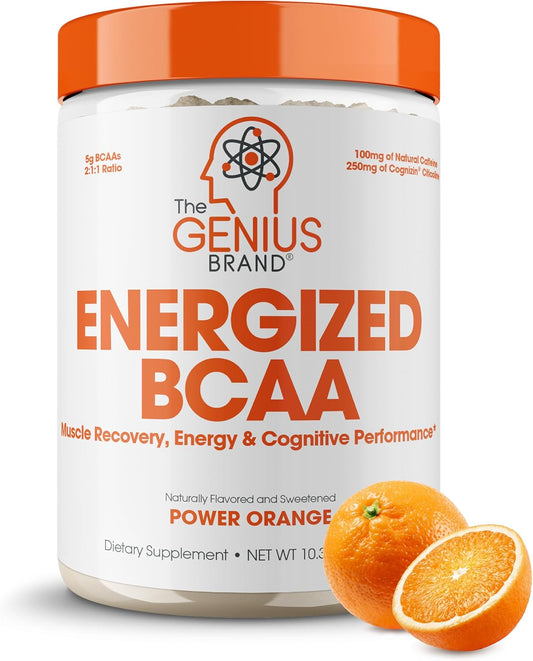 Genius BCAA Energy Powder, Orange Flavor - Vegan Nootropic Amino Acids for Muscle Recovery - Natural Workout Supplement for Women & Men - No Artificial Sweeteners - Pre, Intra, Post-Workout