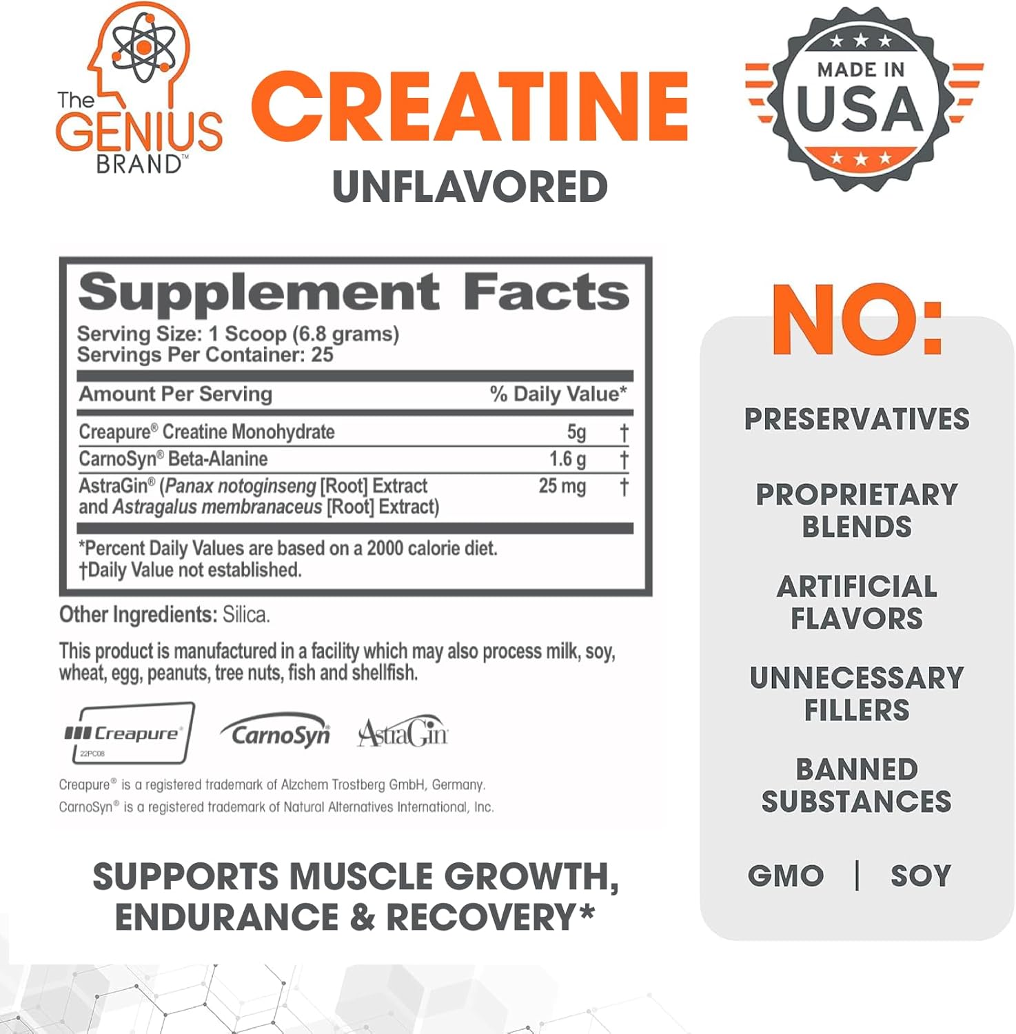 Genius Brand Micronized Creatine Monohydrate Powder 170g - Post Workout Supplement for Muscle Building & Cognitive Function - Unflavored & Naturally Sweetened