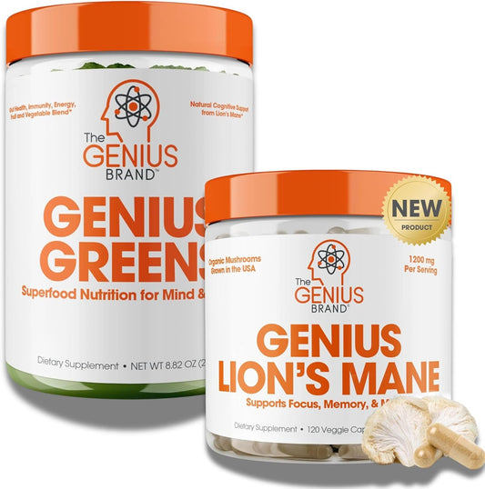 Genius Brand Mind & Body Wellness Stack: Lion's Mane Capsules + Super Greens for Cognitive Boost, Energy, and Immunity